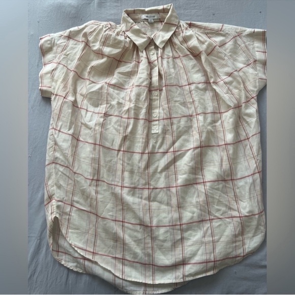 SMALL Madewell Central Popover In Fine Plaid Button Up Shirt Beige oversized - Picture 8 of 14